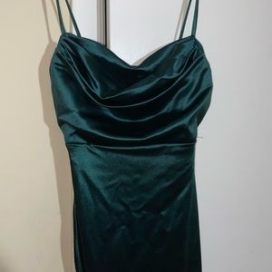 Hunter Green Satin Slit Formal Dress